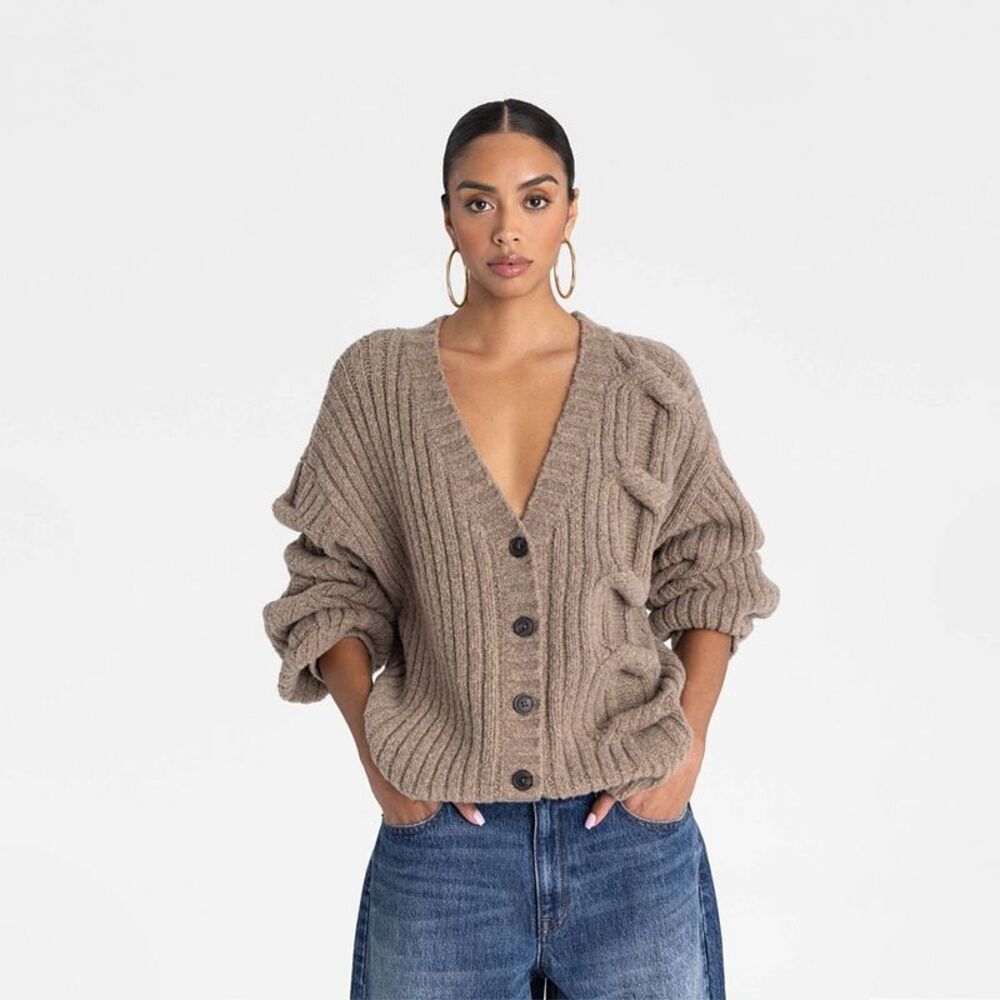 V-Neck Chunky Cable Knit Button-Front Sweater - Taupe